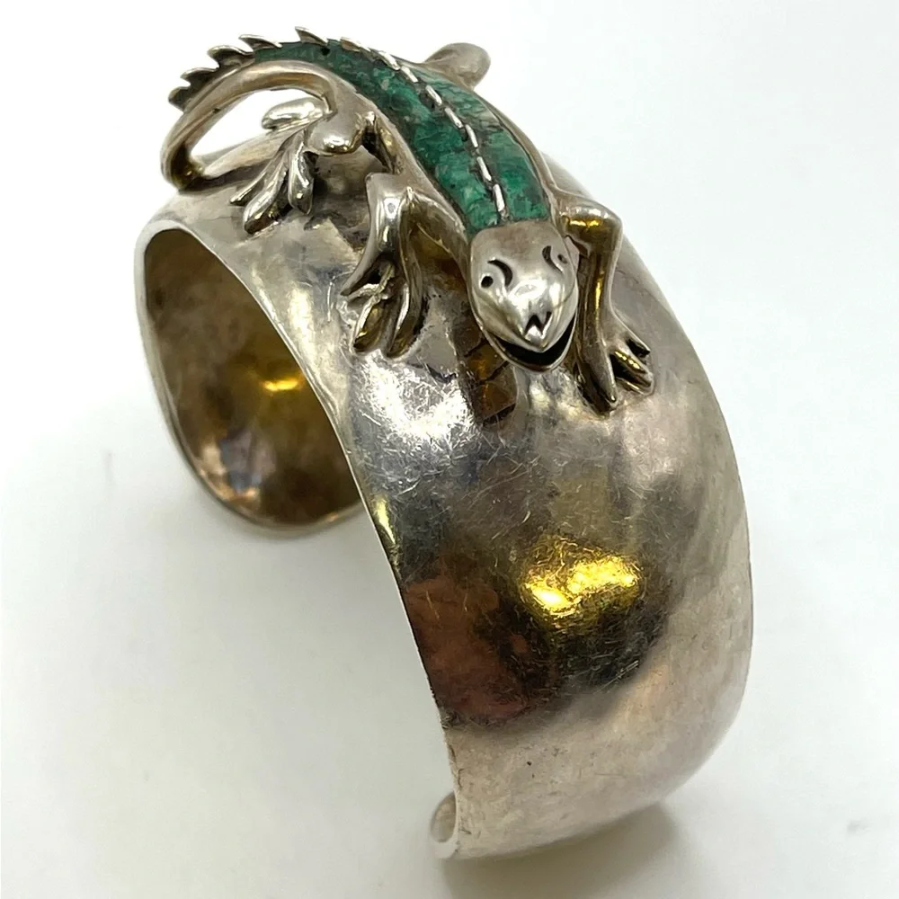 Taxco Sterling Silver Cuff Bracelet with Turquoise Inlaid Lizard 3D 925 Large - Picture 3 of 8